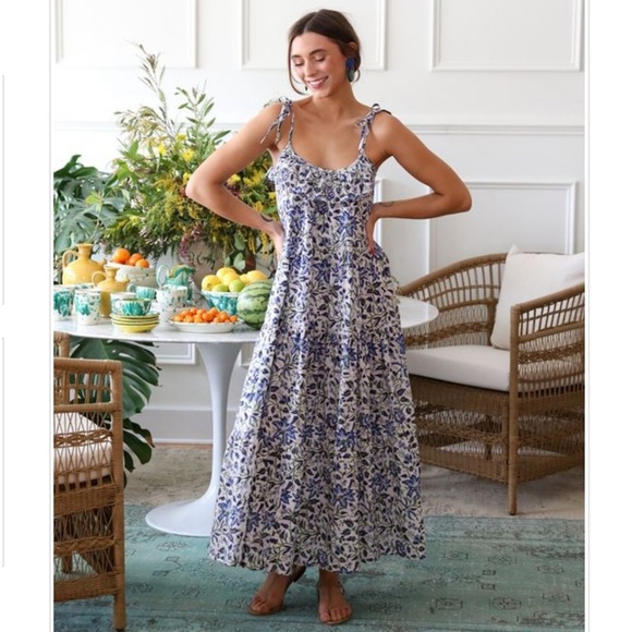 Mille Resort Wear Women's Maui Maxi Dress Blue Tiger Lily Flowy Ruffle Cotton L Mille Resort Wear Women's Maui Maxi Dress Blue Tiger Lily Flowy Ruffle Cotton L